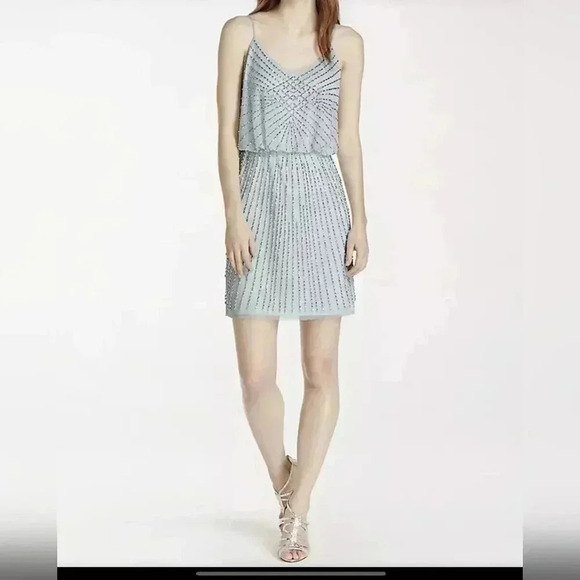 NWT Xscape Beaded Blouson Mesh Mini Party Cocktail Dress Size 6 Light Blue - Picture 1 of 14